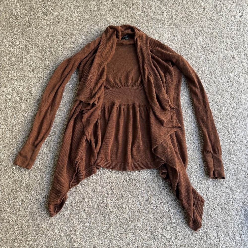Ann Taylor Cardigan Sweater Womens XXSP P2XS Petite Brown Open Front Linen Blend